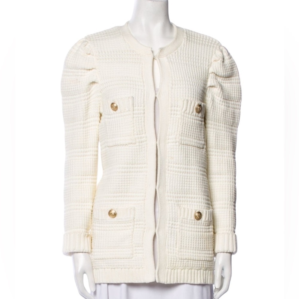 L’AGENCE White Knit Cardigan Sweater W’s Medium Gold Buttons Pockets Crew Neck